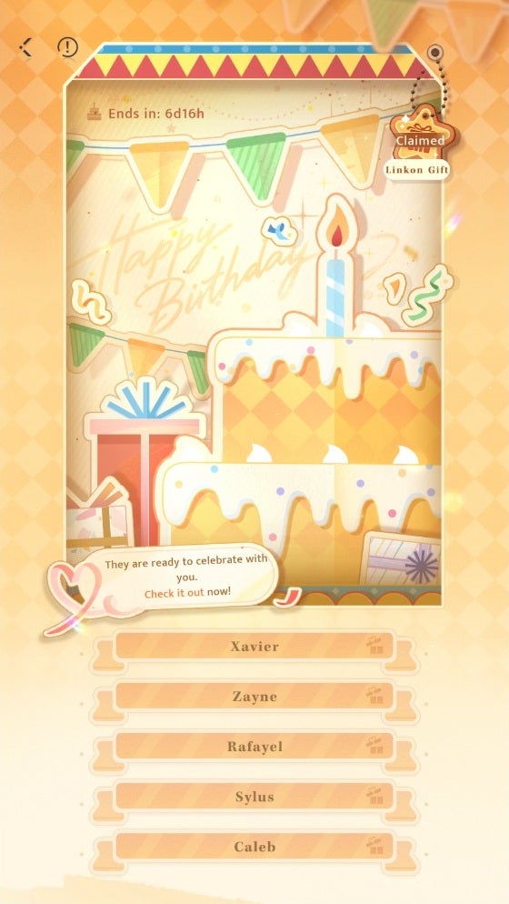 The event tab for the player's birthday event in Love and Deepspace. A yellow-bordered screen with bright highlights of green, red, and blue decorations displays above the names of each of the love interests next to opened gift boxes. - 4