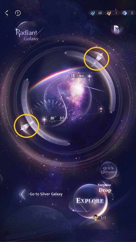 Radiant Galaxy Wish Love and Deepspace, showing an abstract map of a purple galaxy, surrounded by a round compass with numbered coordinates.