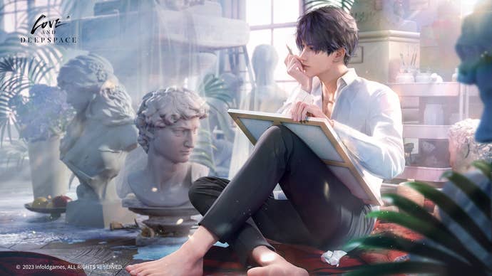 Rafayel sits on the floor of his studio, barefoot and dressed in a white shirt and black trousers, looking musingly off into the distance with a canvas resting on his knees. Several classical statues and busts surround him. (Love and Deepspace)