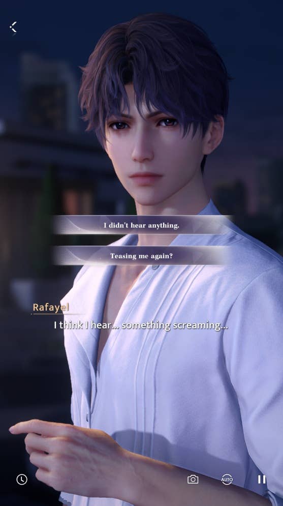 Rafayel looks concernedly at the player as they stand outdoors at night in Love and Deepspace.