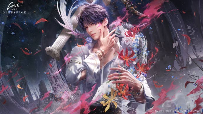 Rafayel poses against a dramatically swirling background of classical columns and undersea plants, holding a bouquet of fire-coloured flowers and seashells. (Love and Deepspace)