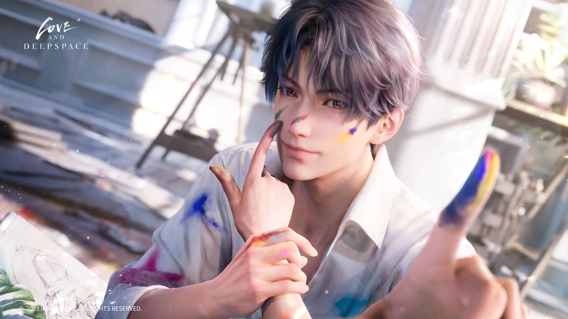Rafayel ด้วยใบหน้าของเขาและรอยยิ้มยิ้มเบา ๆ ในขณะที่เฮโรอีนที่น่าสงสารของคนแรกใช้นิ้วเพื่อลักลอบขนสีบนใบหน้าของพวกเขามากขึ้น (รักและลึก)