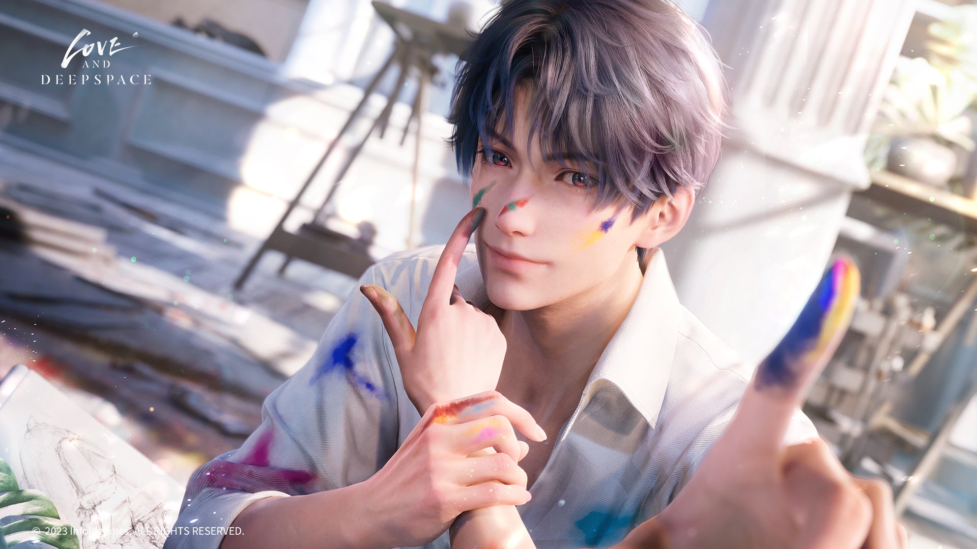 Rafayel, with his face and shirt covered in small paint splatters, smiles slightly as the first-person POV heroine uses her finger to smudge more paint on his face. (Love and Deepspace) - 5