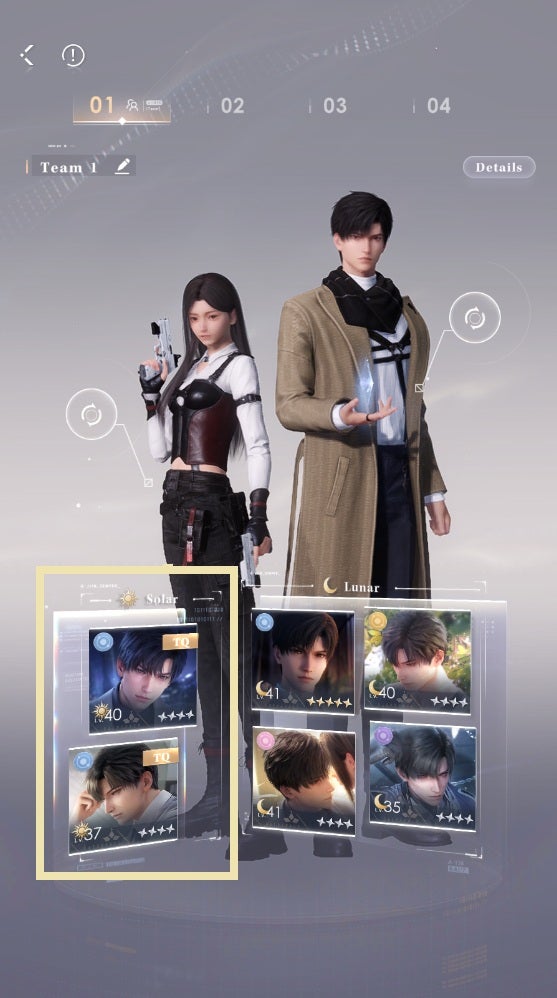 A Love and Deepspace team composition screen showing the protagonist and Zayne. A highlighted area shows that a Memory Pair is active in the Solar card slots. - 3