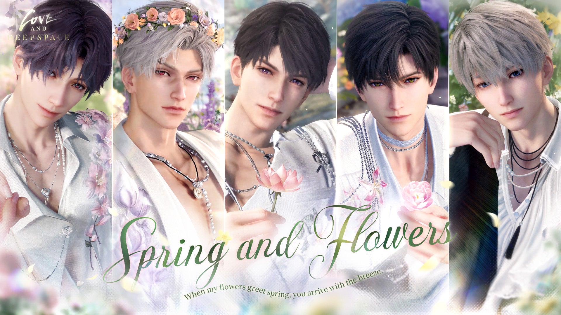 Love and Deepspace&rsquo;s Spring and Flowers banner art, showing Rafayel, Sylus, Caleb, Zayne, and Xavier in white shirts.