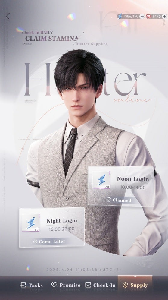 Zayne from Love and Deepspace in his suit vest and shirt provides the background image for the game's login bonus tracker. - 4