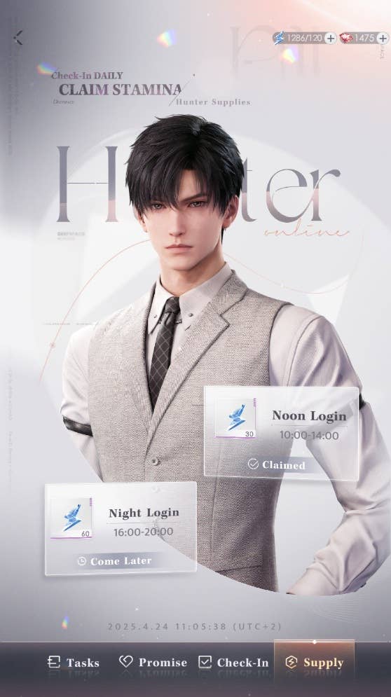 Zayne from Love and Deepspace in his suit vest and shirt provides the background image for the game’s login bonus tracker.