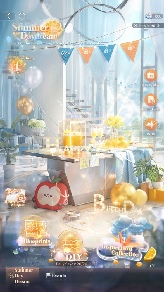 The event landing page for Summer Daydream, Caleb's debut birthday event, shows a white room with orange-and-blue birthday decor and a prominent apple plushie next to a table covered with food and gifts. - 3