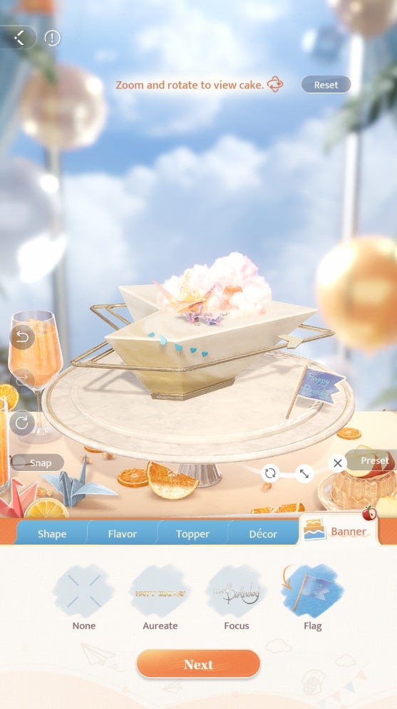 A cheesecake shaped like an aircraft carrier sits on a fancy plate against a background of gold balloons and a cloudy blue sky in Caleb's birthday event in Love and Deepspace. - 4