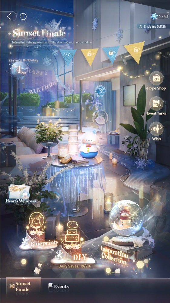 Zayne's 2025 birthday decor in Love and Deepspace shows a monochrome living area at night with a cityscape visible in the background. In the foreground is a white sofa, some plants, blue and white balloons with arctic themed mascots, and a small round table draped with blue lights and topped with various items including a large snowman plushie. Various event buttons and icons are displayed across the screen. - 3