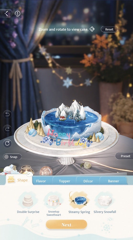 A customised birthday cake design in Love and Deepspace for Zayne's 2025 birthday event. A blue-and-white cake themed around a mountain oasis surrounded by blue flowers, gold and green mountains, small blue macarons, and a rainbow-coloured Happy Birthday banner. A customisation selection screen at the bottom shows the various choices for the cake's shape. - 4