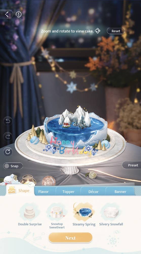 A customised birthday cake design in Love and Deepspace for Zayne's 2025 birthday event. A blue-and-white cake themed around a mountain oasis surrounded by blue flowers, gold and green mountains, small blue macarons, and a rainbow-coloured Happy Birthday banner. A customisation selection screen at the bottom shows the various choices for the cake's shape.