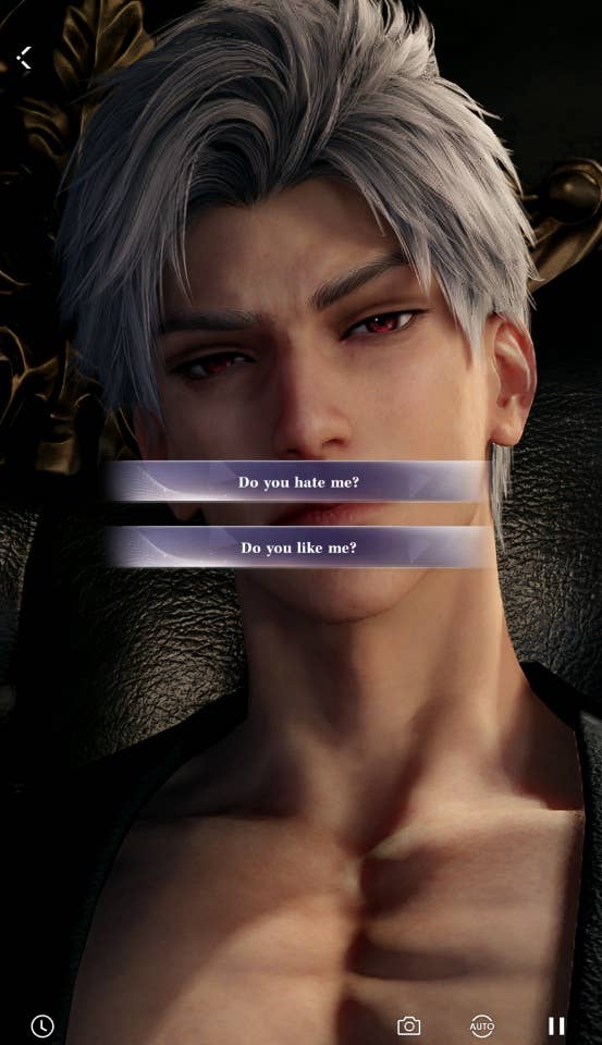 A fairly shirtless Sylus looks intently at the player in close-up as she is presented with a dialogue choice between "Do you hate me?" and "Do you like me?" (Love and Deepspace)