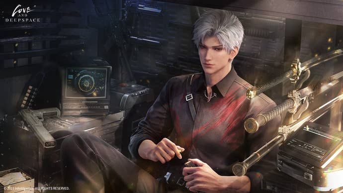 Sylus gazes intently at the viewer while surrounded by swords and other weapons from his armoury in Love and Deepspace.