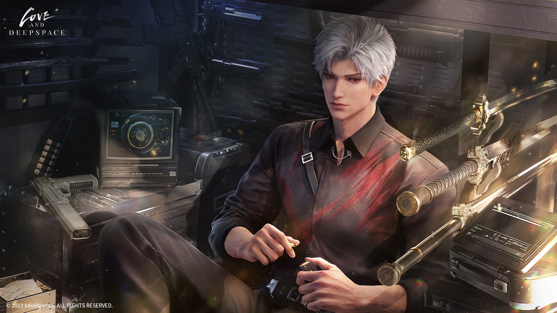 Sylus gazes intently at the viewer while surrounded by swords and other weapons from his armoury in Love and Deepspace. - 1