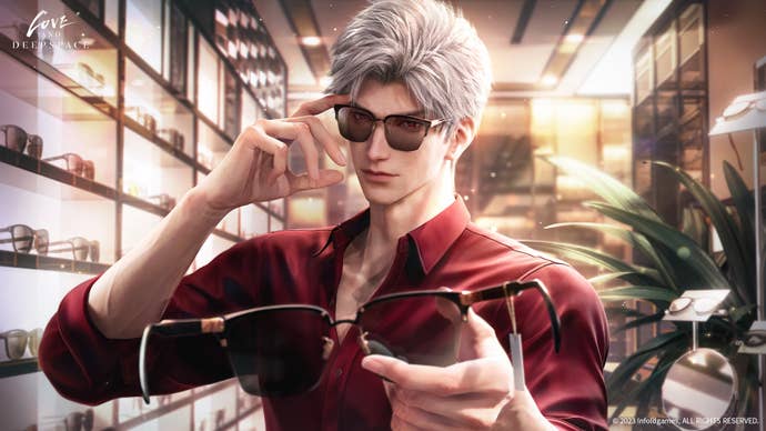 Sylus tries on sunglasses in a brightly-lit boutique and offers another pair to the POV player in a relaxed moment in Love and Deepspace.