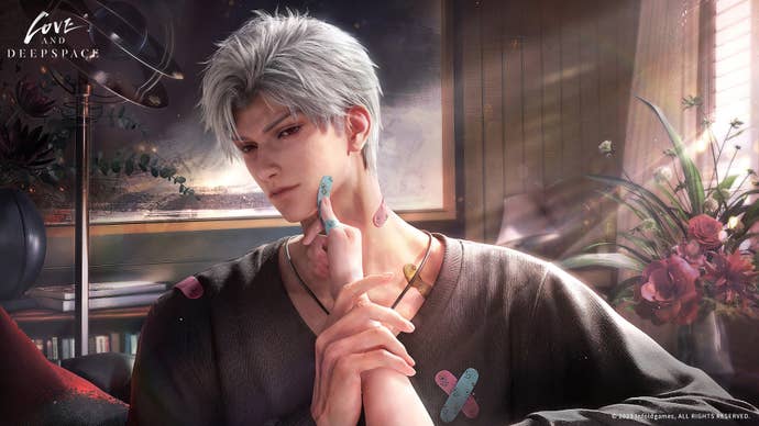 Sylus from Love and Deepspace stands in an office room holding the hand of (presumably) the viewer, who is trying to apply a cutesy blue sticking plaster to his face; he’s already wearing several in blue, pink, and yellow across his face and body.