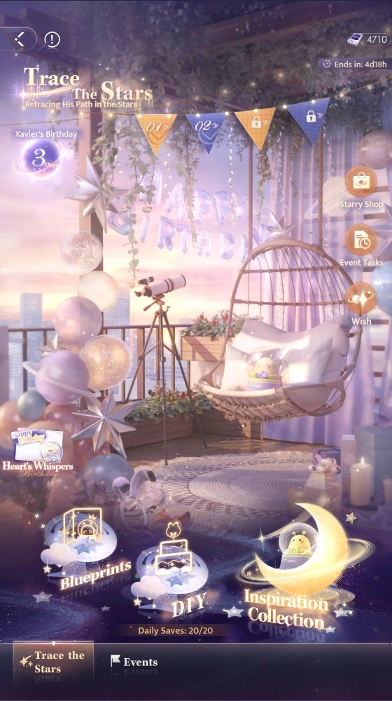 A Love and Deepspace birthday event landing page showing the balcony of Xavier's apartment in a soft yellow-and-purple lit early evening, complete with a comfy-looking hanging egg chair, telescope, and balloons. - 3