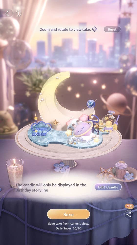 A user-created design for Xavier's 2025 birthday cake in Love and Deepspace, shaped like a crescent moon with elaborate space-themed decorative toppers, and displayed on a table against the backdrop of a window looking out across a city skyline during a pastel-yellow-and-purple sunset.