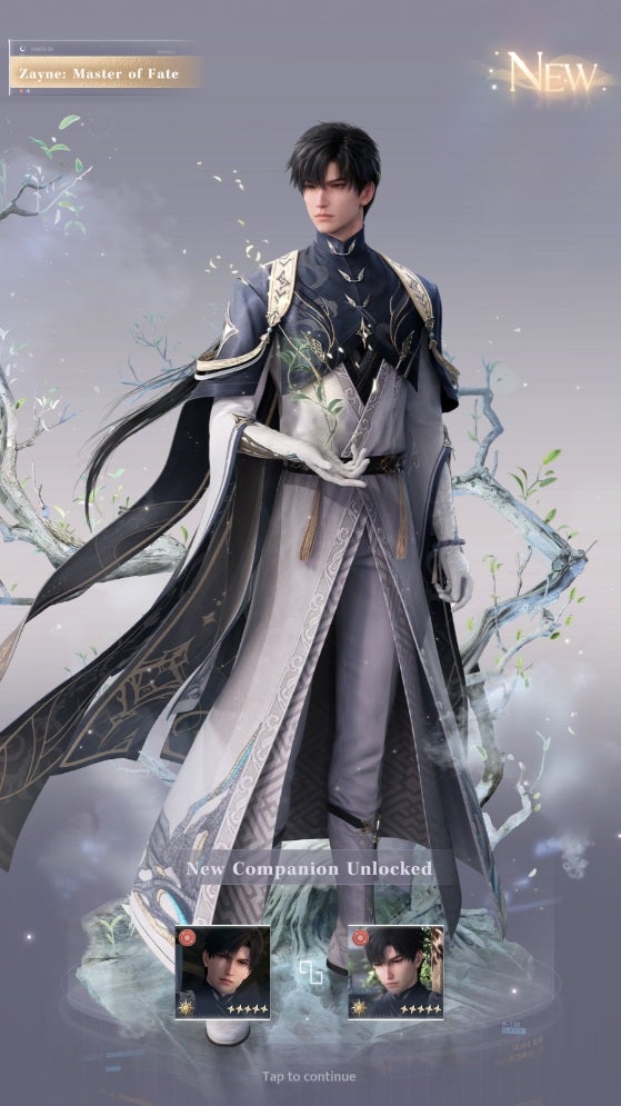 A splash screen announcing that the player has unlocked Zayne's Master of Fate alternate kit by collecting a 5-Star Myth Memory pair in Love and Deepspace. - 3