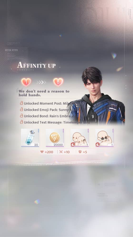 A pop-up list in Love and Deepspace shows a portrait of Caleb along with all of the bonuses for unlocking him while overlevelled.