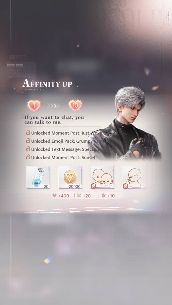 Unlocking Sylus as a love interests in Love and Deepspace while his cards are overlevelled; the image shows his Affinity immediately increasing from 1>10 and various unlocks instantly becoming available.