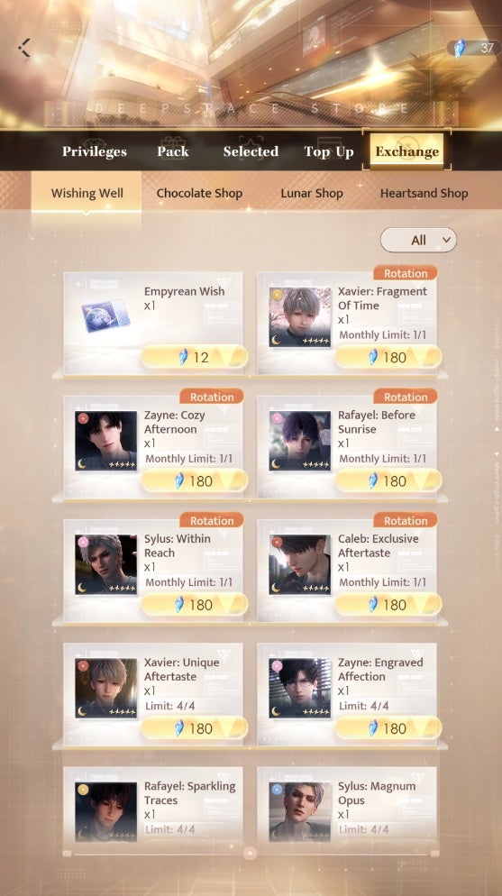 Love and Deepspace's gold-themed store page showing the Wishing Well tab as it appears during Month 1 stock rotations in January, April, July, and October. - 3