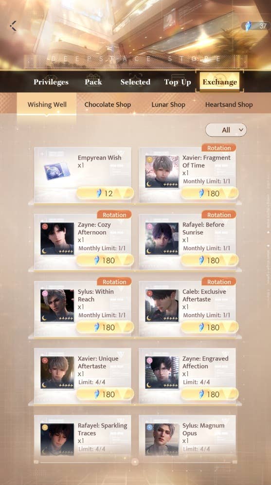 Love and Deepspace’s gold-themed store page showing the Wishing Well tab as it appears during Month 1 stock rotations in January, April, July, and October.