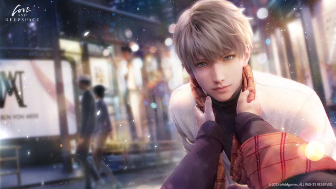 In first-person POV, Love and Deepspace's heroine pulls Xavier towards her by the scarf he's wearing while they stand together on a snowy city street.