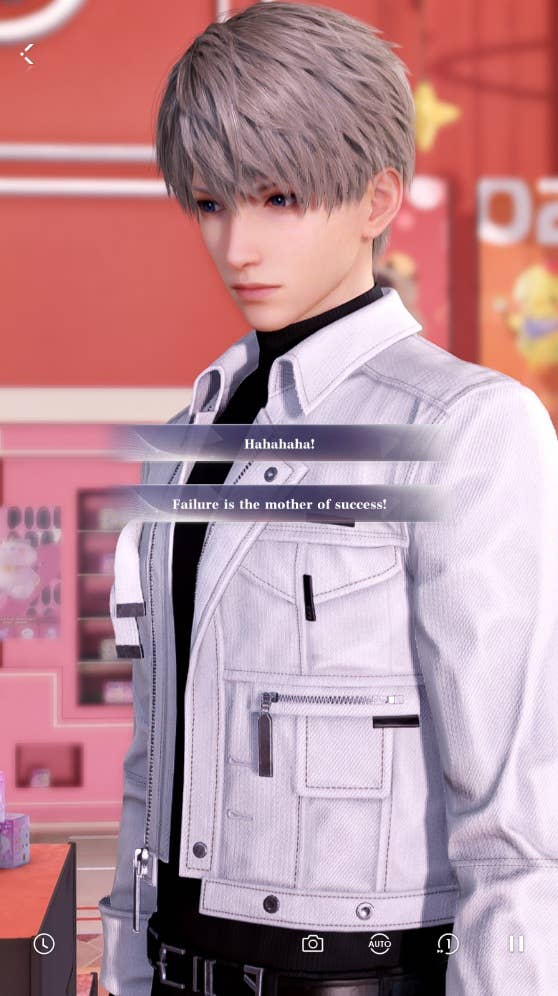 Xavier, dressed in a white jacket, looks thoughtful while standing against the backdrop of a pink wall in a claw machine arcade while the player is presented with two dialogue choices to address him with in Love and Deepspace.
