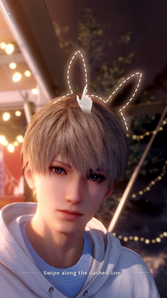 Love and Deepspace prompts the player to freehand draw a pair of bunny ears above Xavier's head as he sits backlit by fairy lights on an awning in a woodland setting. - 3
