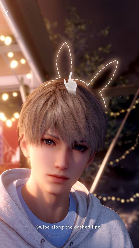 Love and Deepspace prompts the player to freehand draw a pair of bunny ears above Xavier's head as he sits backlit by fairy lights on an awning in a woodland setting.