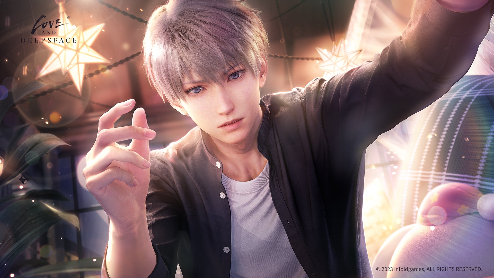 Xavier, dressed casually in a black shirt open over a white t-shirt, leans towards the first-person viewer. In the background, a lamp shaped like a yellow star is the most prominent object. (Love and Deepspace) - 3