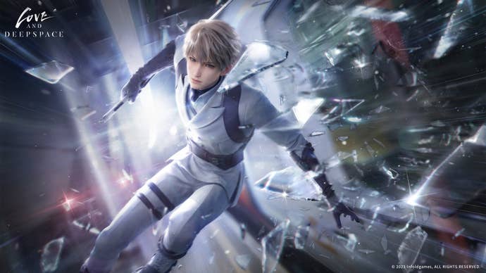 Xavier in motion in his Deepspace Hunter uniform, backlit by a powerful white light. (Love and Deepspace)