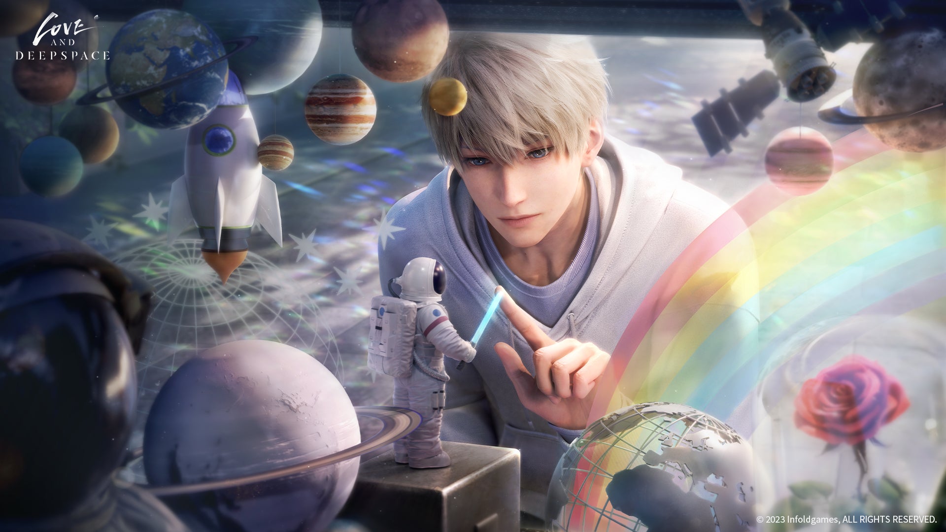 Xavier examines a miniature astronaut figure holding a blue light sabre as part of a larger space-themed diorama in Love and Deepspace. - 5