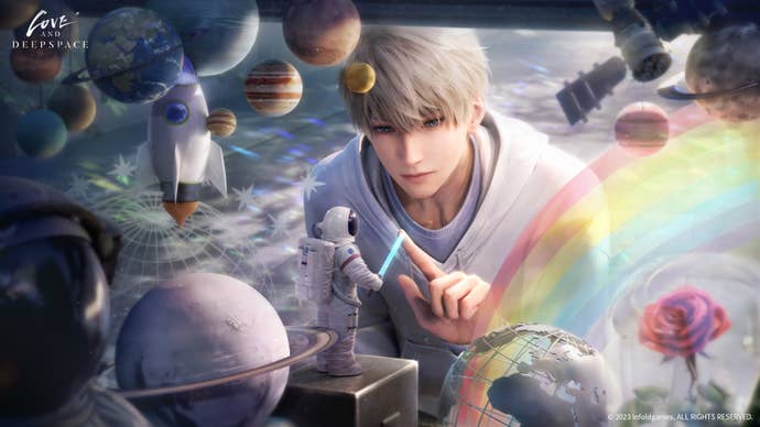 Xavier examines a miniature astronaut figure holding a blue light sabre as part of a larger space-themed diorama in Love and Deepspace.