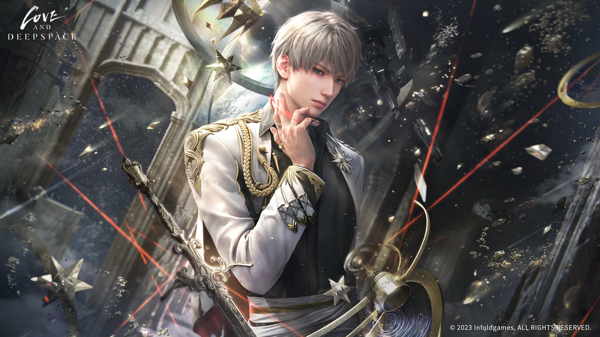 Xavier dressed in a white-and-black uniform (presumably his Philosian space knight get-up) poses against a backdrop of a white castle entranceway. (Love and Deepspace) - 4