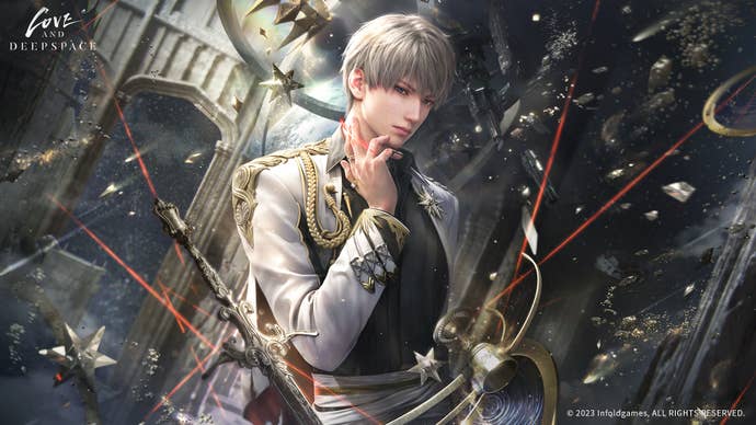 Xavier dressed in a white and black uniform (presumably his philosopian space knight) poses against the background of a white castle. (Love and deep space)