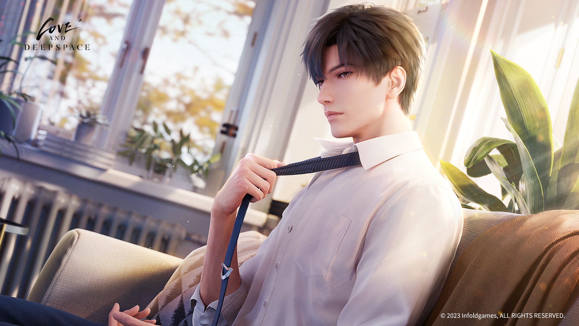 Love and Deepspace character key art: Zayne sits on a sofa and loosens his tie. - 1