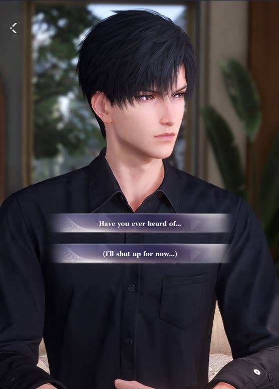 Zayne sits across from the player and avoids eye contact as two dialogue option choices appear. (Love and Deepspace)