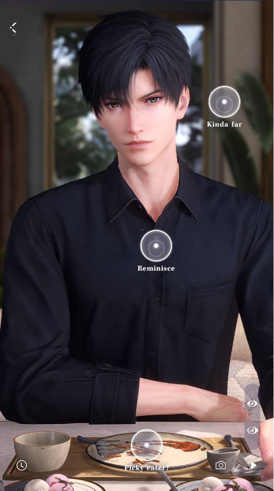 Zayne regards the player across a restaurant table with the remains of a meal visible on plates. (Love and Deepspace)