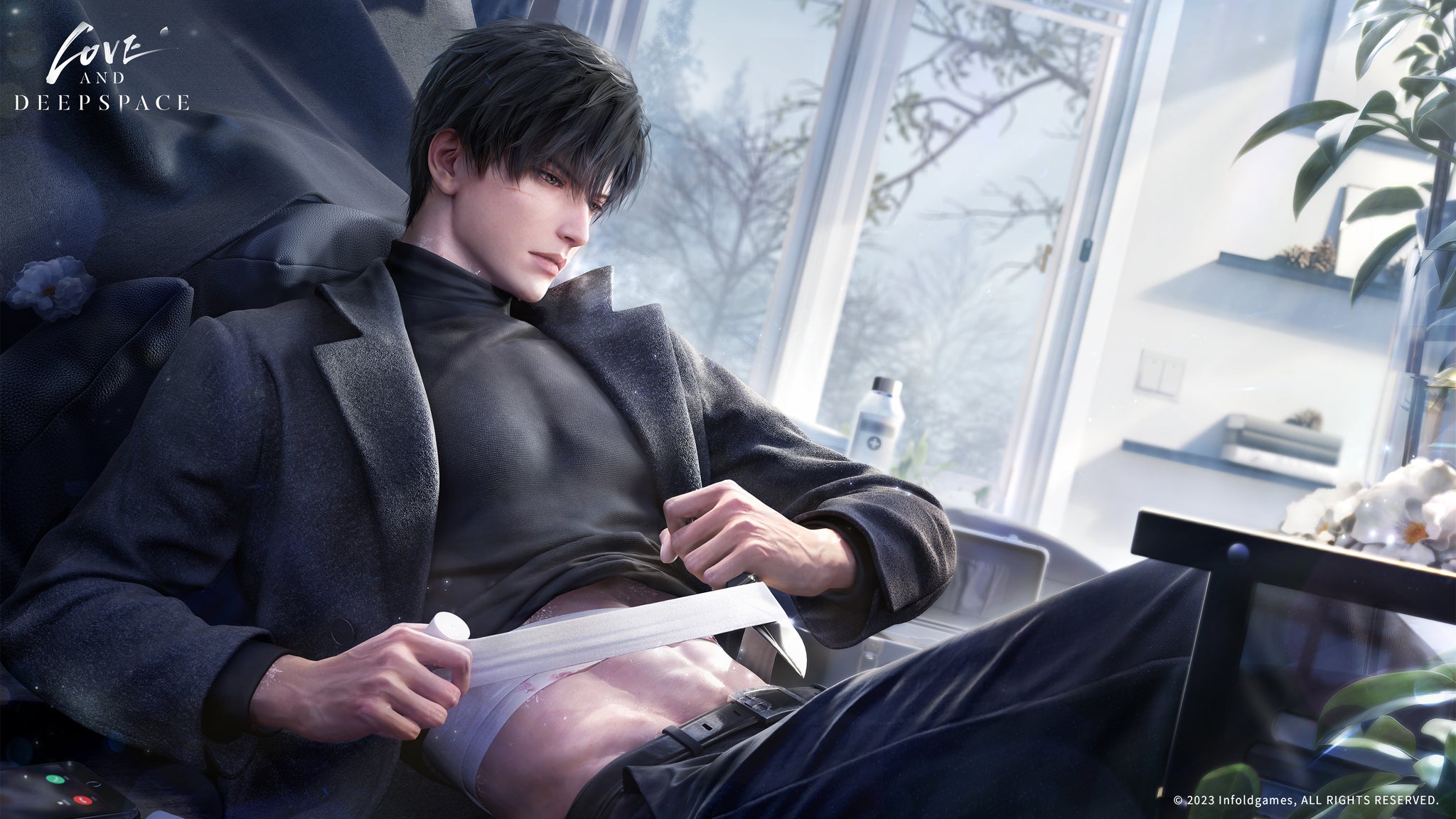 In his office, Zayne lifts his shirt to bandage his abdomen in a piece of key art from Love and Deepspace. - 4