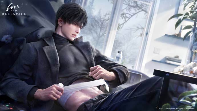 In his office, Zayne lifts his shirt to bandage his abdomen in a piece of key art from Love and Deepspace.