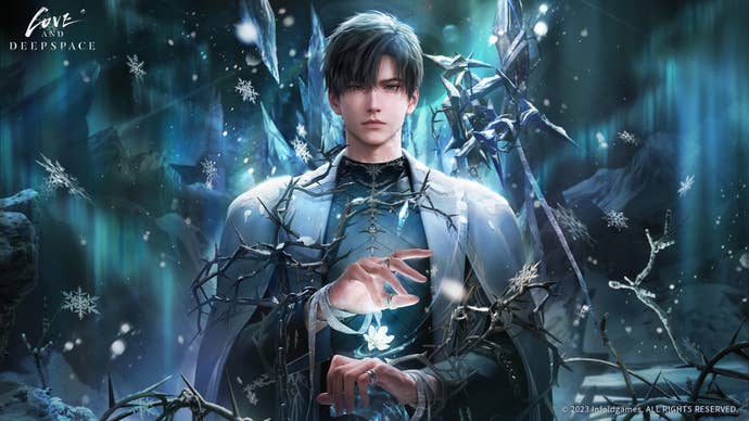 Zayne (in his high fantasy attired Farseer alternate persona) is outlined by a blue aurora and surrounded by dark thorns as he creates an ice blossom between his hands in a piece of Love and Deepspace key art.