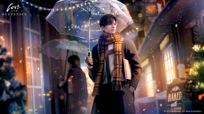 Zayne, wrapped in a cheery scarf to complement his regular outfit, holds a see-through umbrella while standing on a hazily-lit nighttime street in Love and Deepspace.