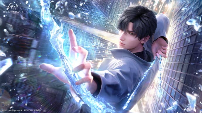 Zayne is framed by a dramatic cityscape as he wields ice daggers in an early piece of Love and Deepspace key art.