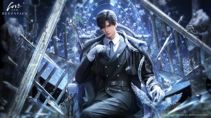 In an early piece of Love and Deepspace key art, Zayne - dressed in a black suit with a white shirt and gloves and a black cape - sits on a stone throne surrounded by spears, holding a Staff of Caduceus made from ice.
