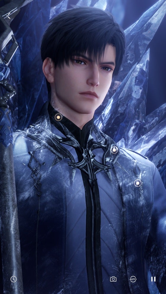 Zayne (as the Farseer) sits frozen to a throne of crystallised ice and looks at the player with detached intensity. Three interaction spots are on his cloak collar at the neck, shoulder, and chest, and the Protocore sceptre is just visible to his right-hand side. - 3