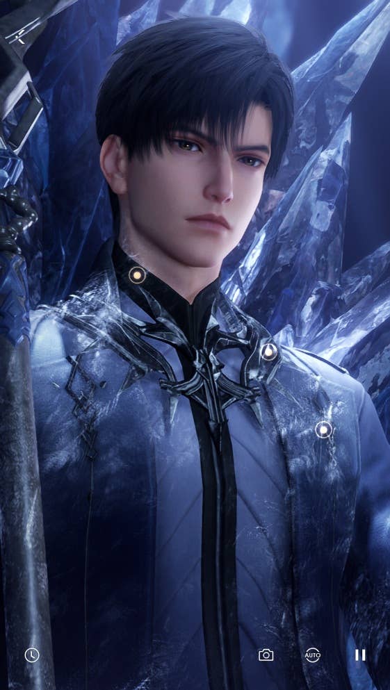 Zayne (as the Farseer) sits frozen to a throne of crystallised ice and looks at the player with detached intensity. Three interaction spots are on his cloak collar at the neck, shoulder, and chest, and the Protocore sceptre is just visible to his right-hand side.