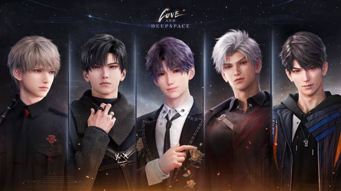 Portrait headshots of the five romanceable characters in Love and Deepspace, from left to right: Xavier, Zayne, Rafayel, Sylus, and Caleb.